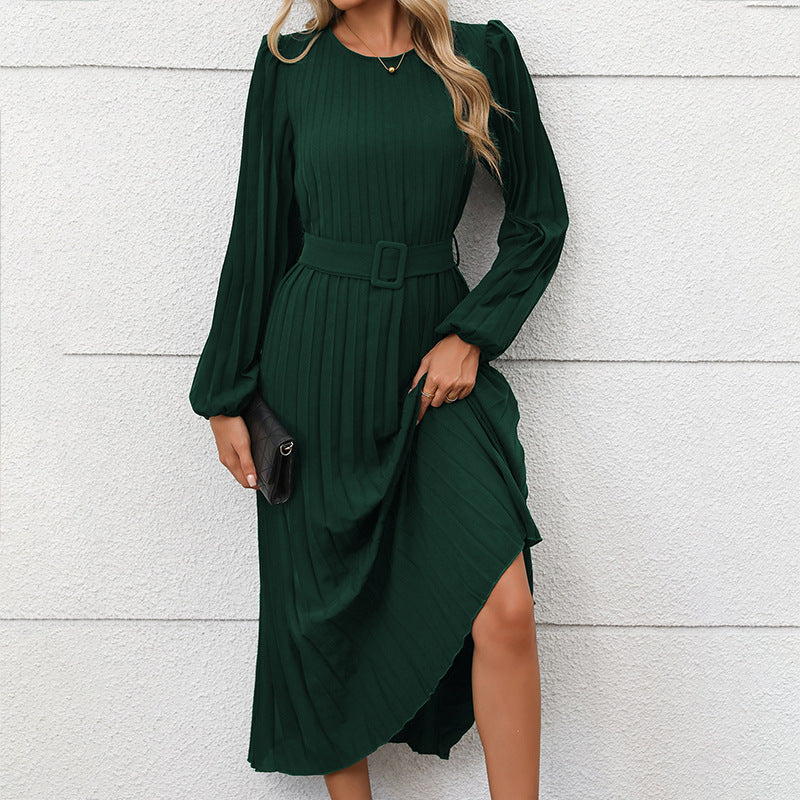 Women's Pleated Midi Dress with Waist Belt, Long Puff Sleeves and Side Slit Chichicherry