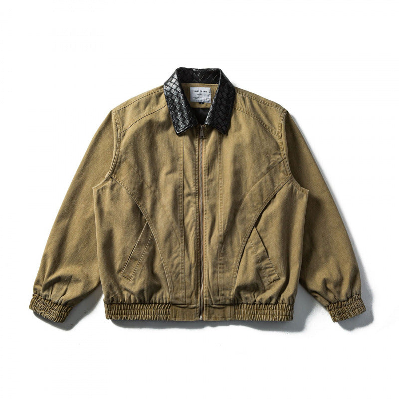 Men's Boxy Denim Blouson Jacket with Quilted Leather Collar and Elastic Cuffs Chichicherry