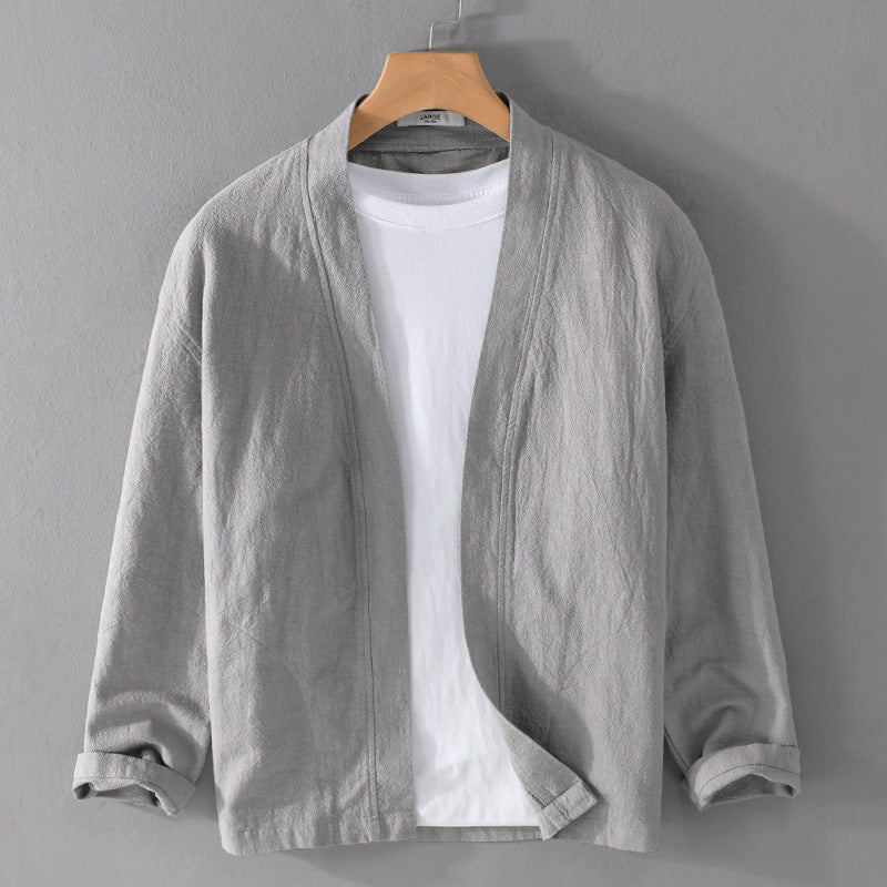 Men's Open Linen Overjacket with Kimono Collar and Relaxed Fit Chichicherry