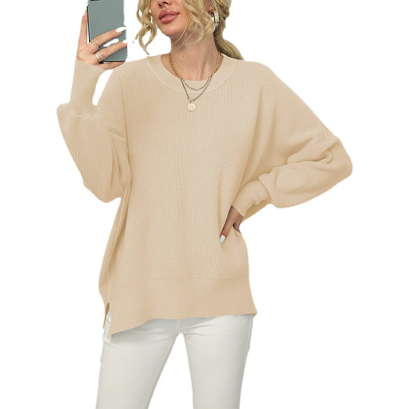 Women's Oversized Fine Knit Sweater with Round Neck, Dropped Shoulder and Side Slits Chichicherry