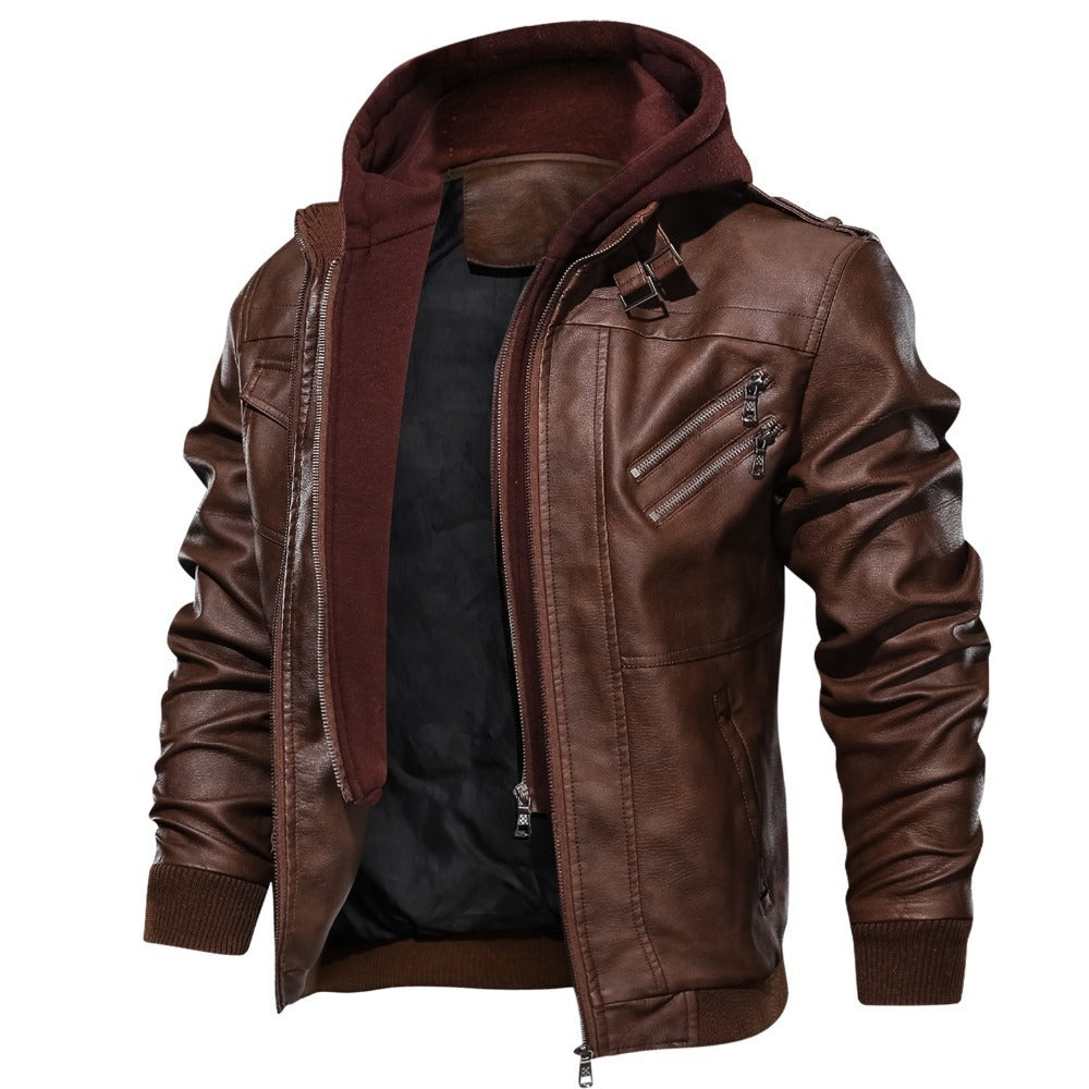 Men's pilot blouson made of synthetic leather with integrated hood insert and zipper details Chichicherry