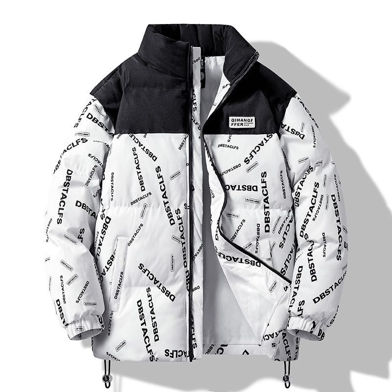 Men's Padded Quilted Jacket with Graphic Text Print, Stand Collar and Adjustable Hem Chichicherry