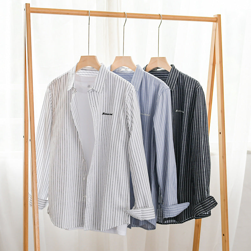 Men's pinstripe layered shirt in overshirt style with subtle chest embroidery Chichicherry