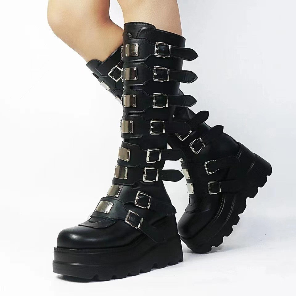 Women's platform knee-high gothic biker boots with multiple buckles and metal plates Chichicherry