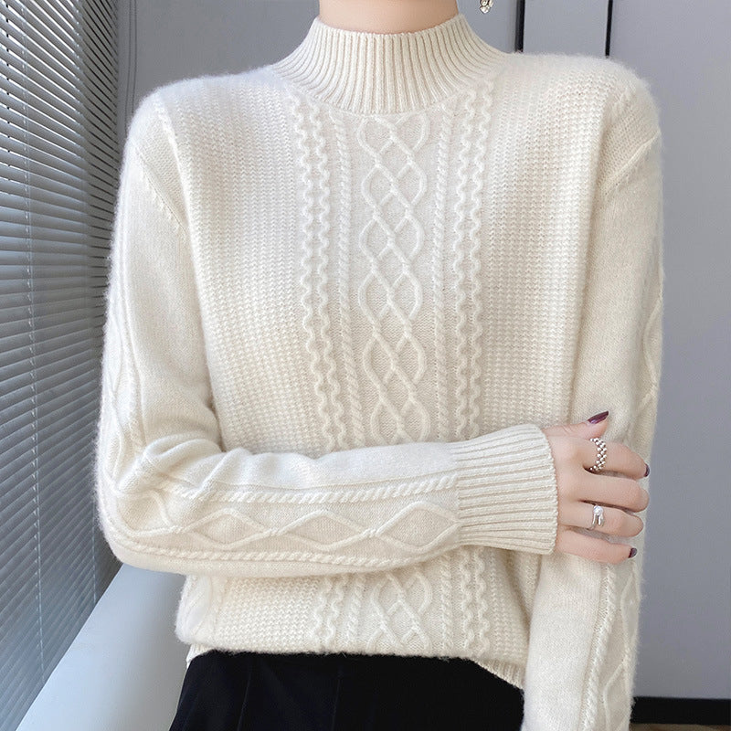 Women's Soft Cable Knit Mock Neck Sweater with Light Mohair Effect Chichicherry