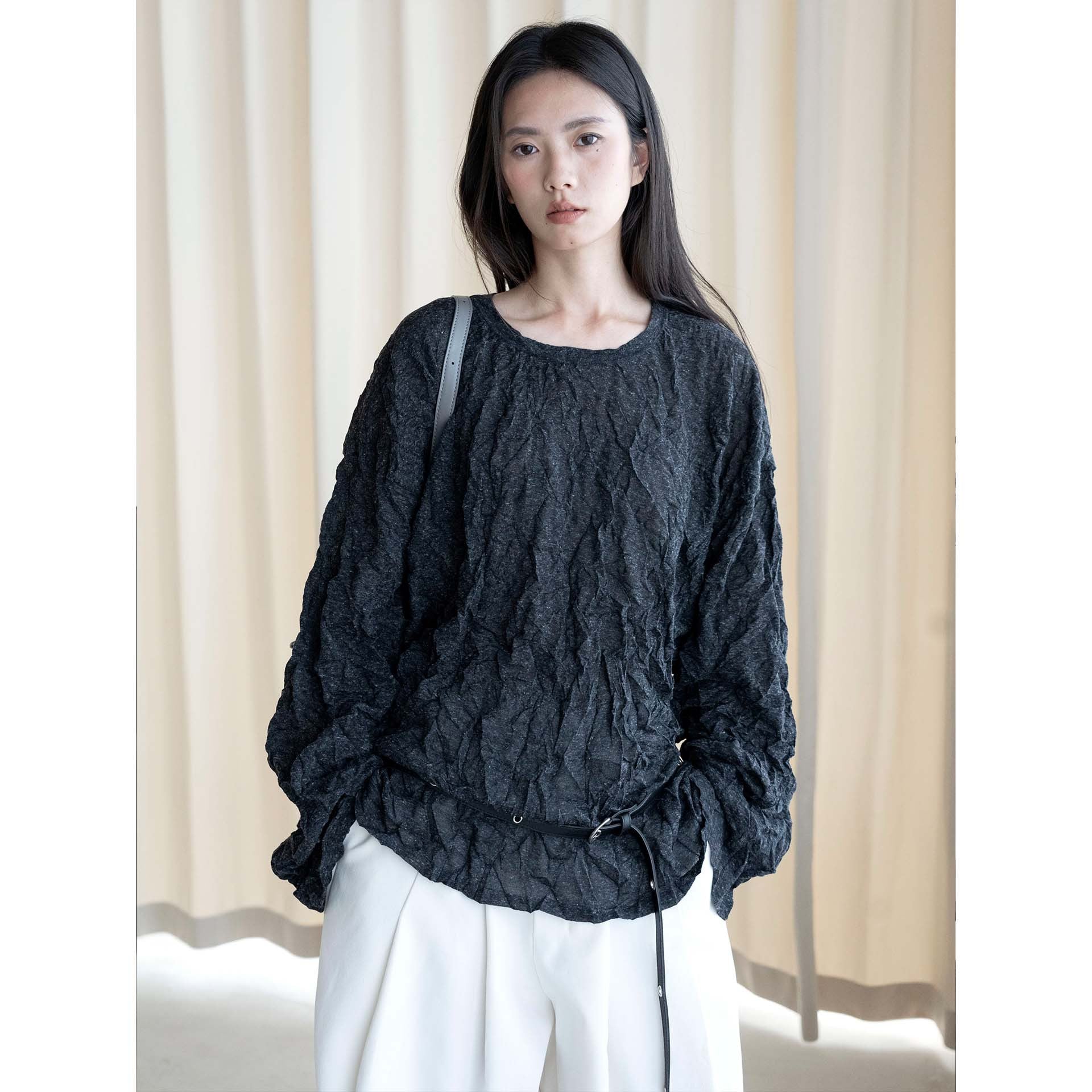 Women's Crinkled Oversize Blouse made of Linen Blend with Textured Pleated Look Chichicherry