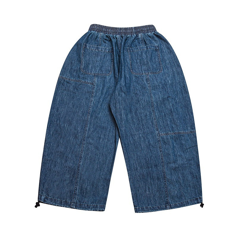 Women's Wide Cropped Jeans in Balloon Cut with Elastic Drawstring Waistband and Adjustable Hem Cords Chichicherry