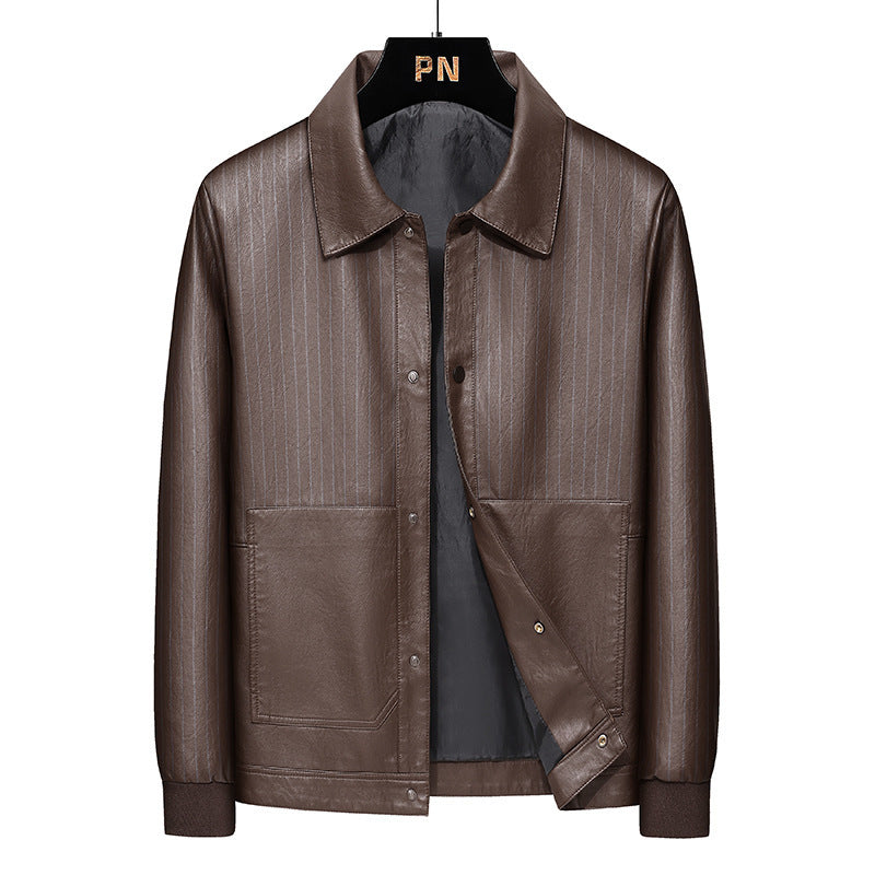 Men's Pinstripe Faux Leather Trucker Jacket with Snap Front and Ribbed Cuffs Chichicherry