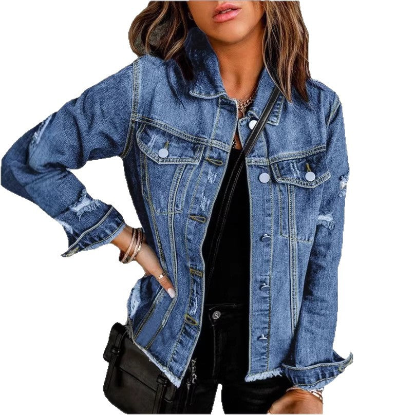 Women's denim jacket with casual destroyed sleeves and raw hem Chichicherry
