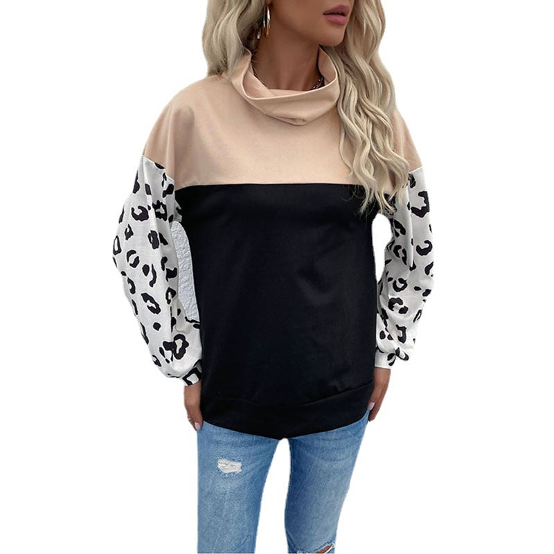 Women's colorblock sweatshirt with rollover collar and animal print sleeves Chichicherry