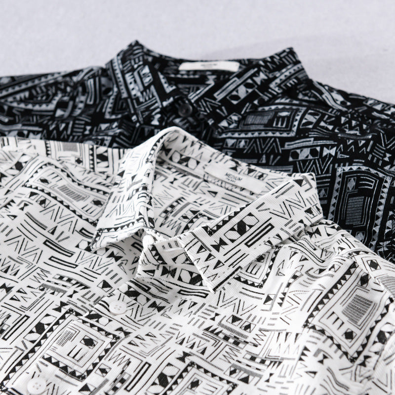 Men's Long Sleeve Shirt in Overshirt Style with Geometric Ethno Print Chichicherry