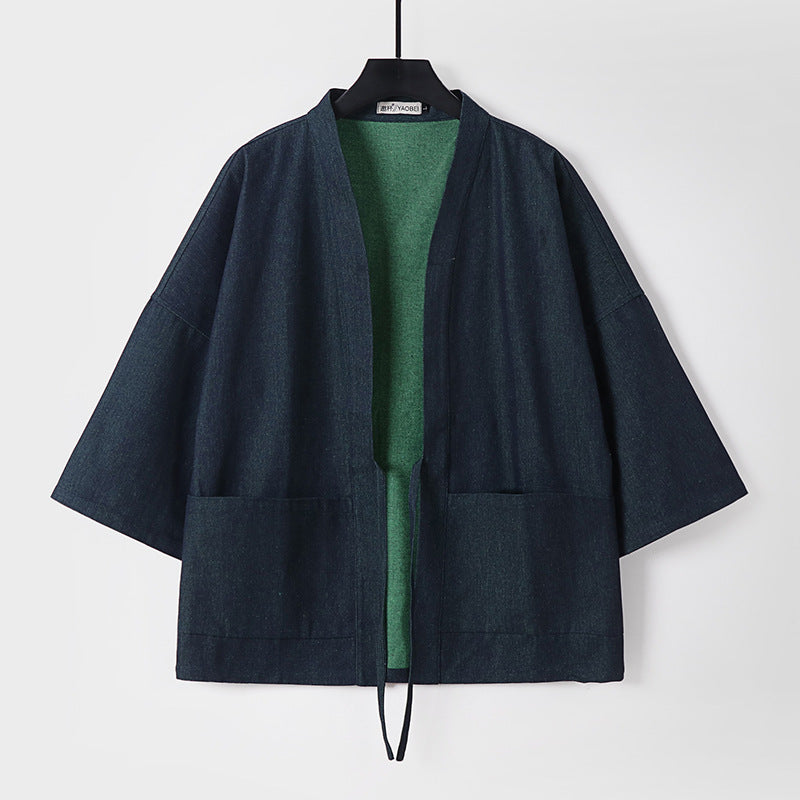 Unisex Light Denim Kimono Jacket with Contrast Lining and Tie Belt Chichicherry