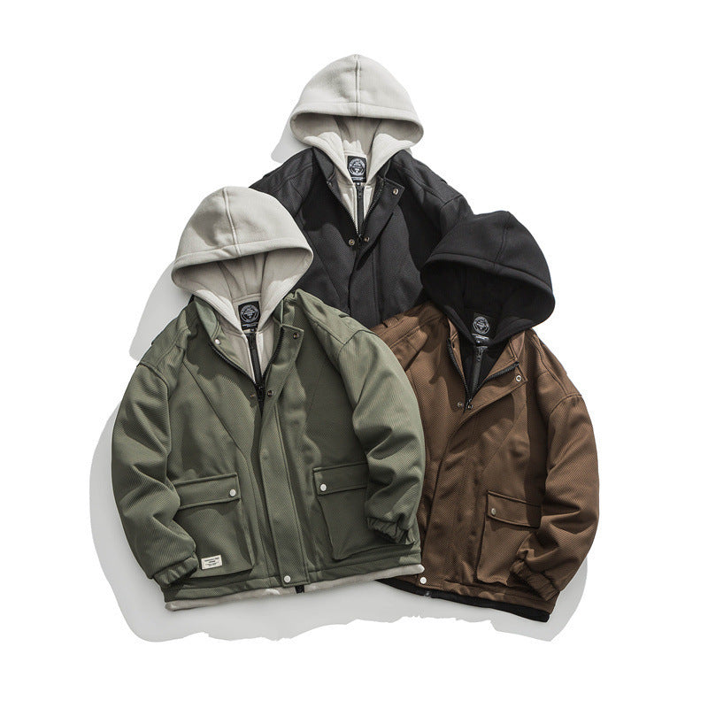 Men's Two-Layer Utility Jacket with Integrated Hood Inner Layer and Flap Pockets Chichicherry