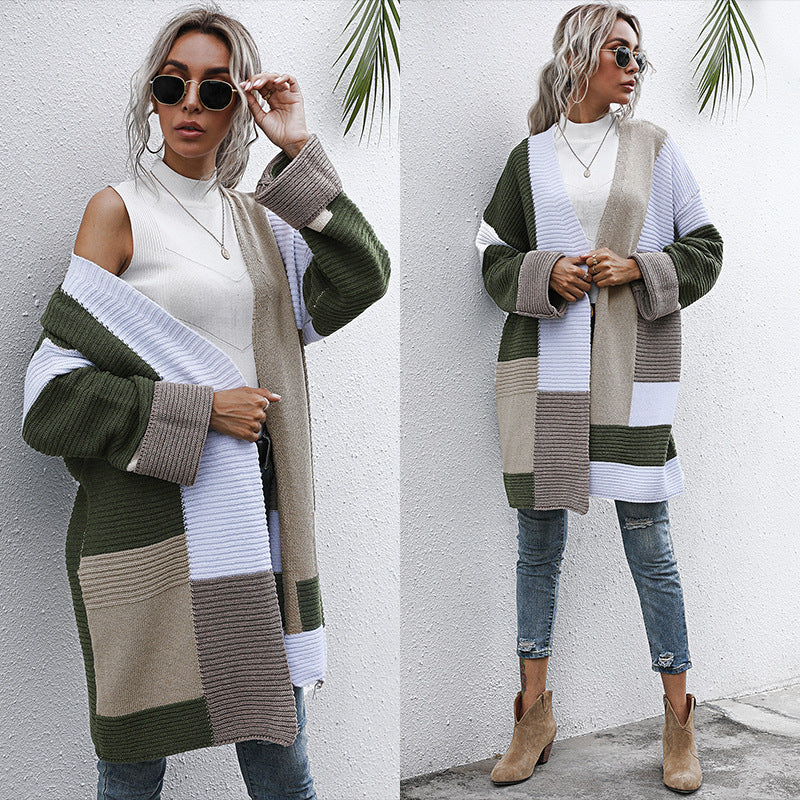 Women's Oversized Knit Cardigan with Colorblock Patchwork and Open Front Chichicherry