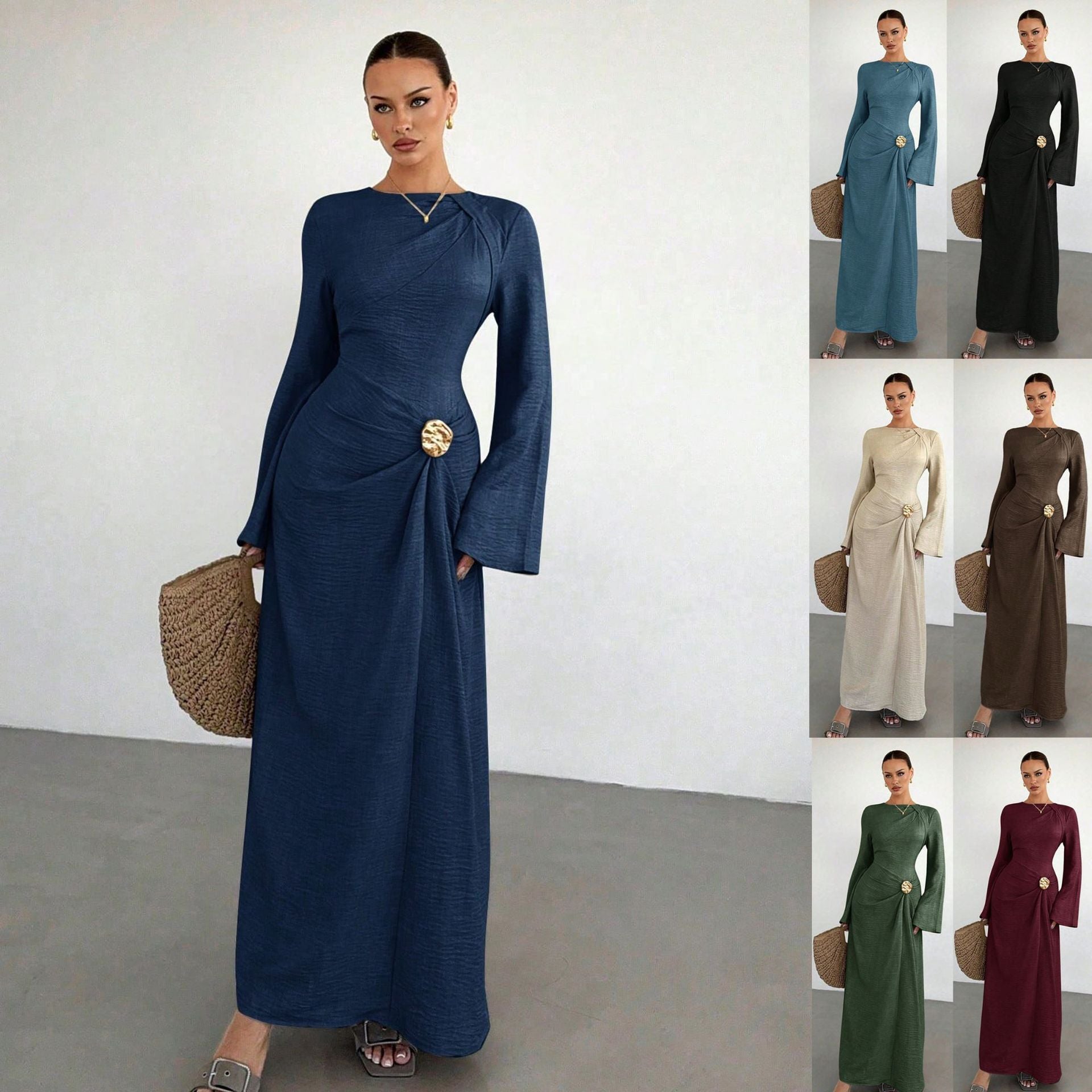Ladies max dress with draping, decorative brooch and wide trumpet sleeves Chichicherry