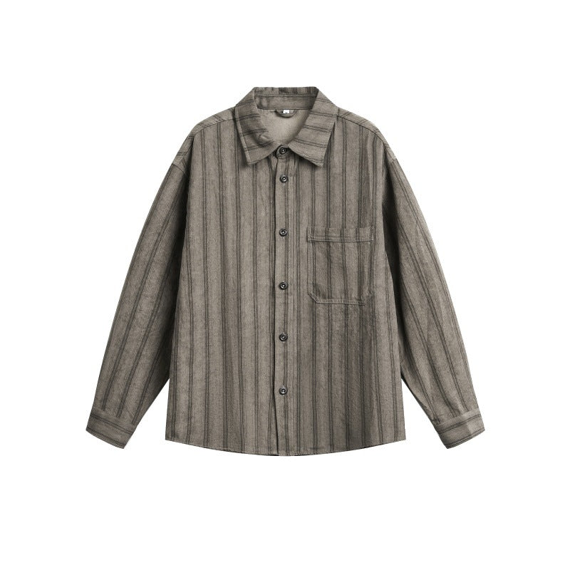Men's Loose Shirt Jacket with Vertical Pinstripes and Applied Chest Pocket Chichicherry