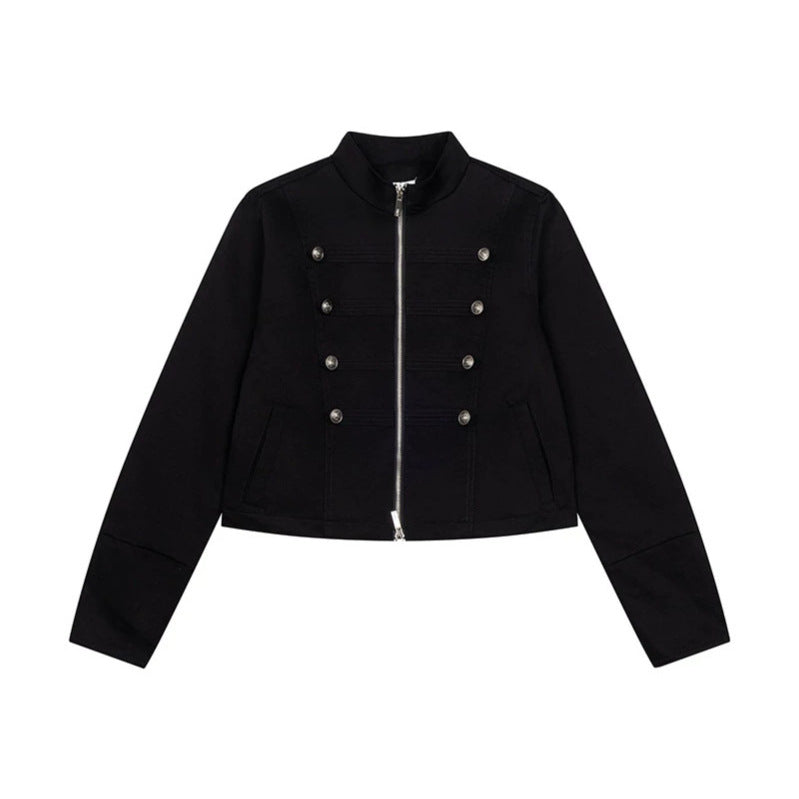 Women's short tailored military jacket with stand-up collar, decorative button rows, and two-way zipper Chichicherry