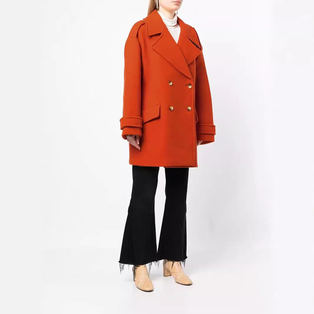 Women's Oversized Double-Breasted Short Coat made of Wool Blend with Extra Wide Sleeves and Golden Decorative Buttons Chichicherry