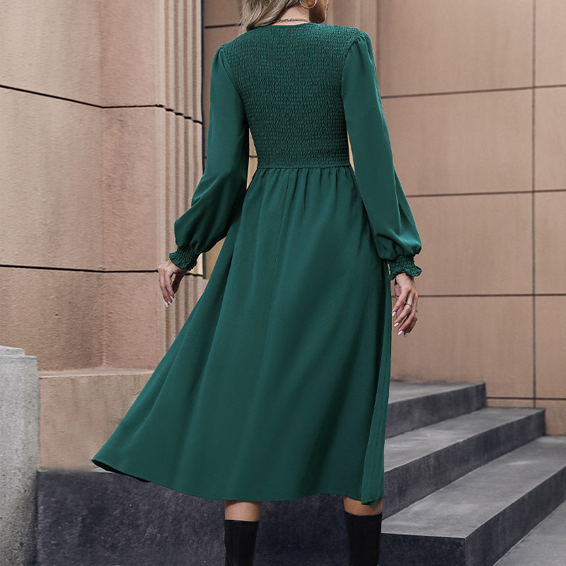 Women's midi dress with smocked bodice, tailored A-line & long balloon sleeves Chichicherry