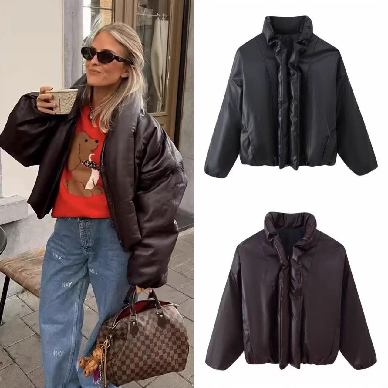 Women Oversized Faux Leather Blouson with Voluminous Stand Collar and Elastic Hem Chichicherry