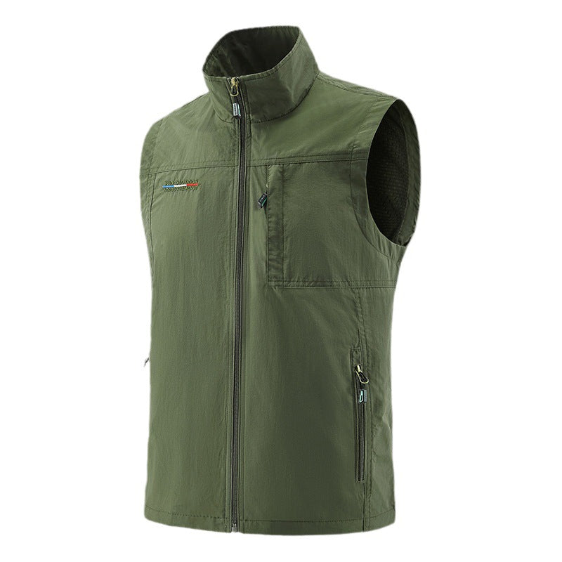 Men's Lightweight Windproof Utility Vest with High Collar, Zip Pockets and Breathable Mesh Lining Chichicherry