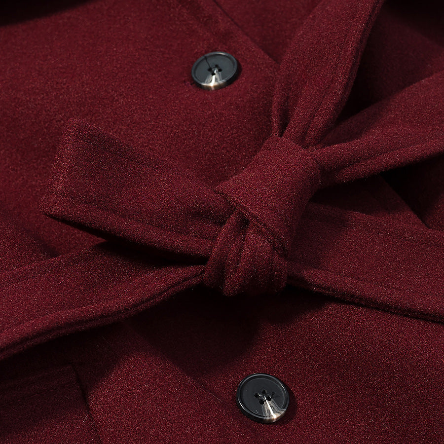 Women Maxilength Wool Blend Trench Coat with Shoulder Yoke, Tie Belt and Roll-Up Sleeves Chichicherry