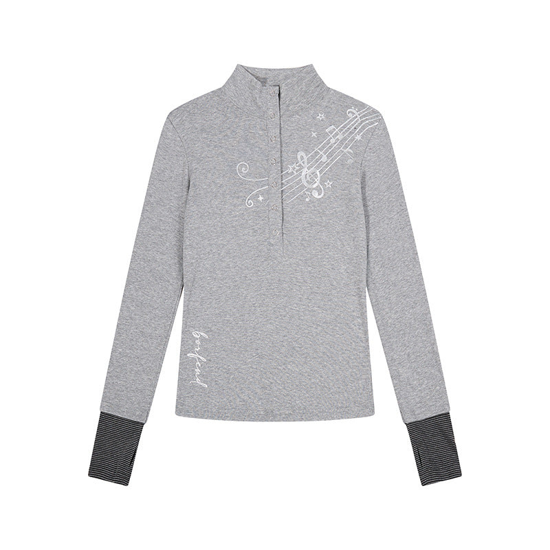 Women's Long Sleeve Polo Shirt with Stand-Up Collar, Button Placket and Note Print Chichicherry