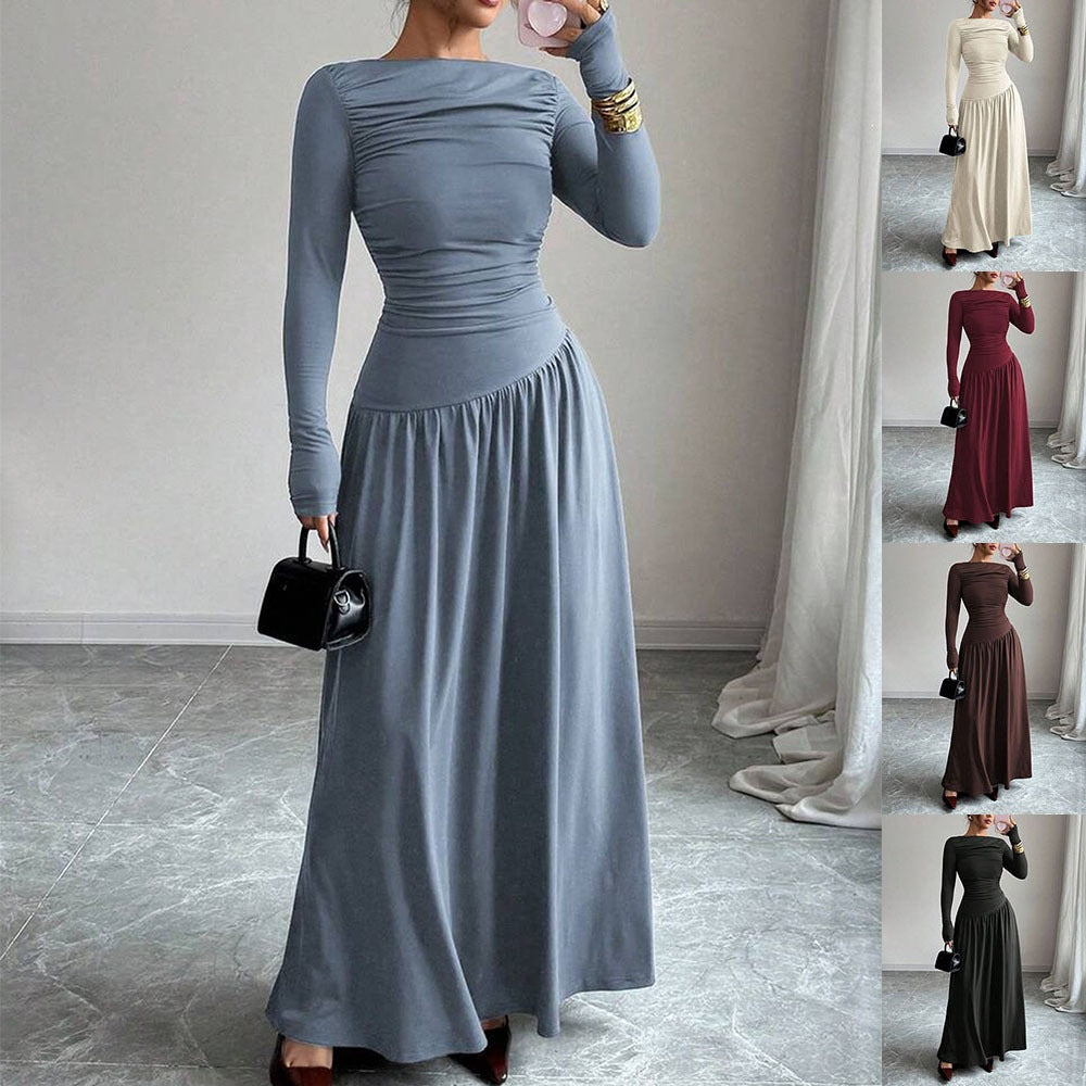 Ladies Maxi Dress with Ruched Bodice, Fitted Waist and Long Sleeve Chichicherry