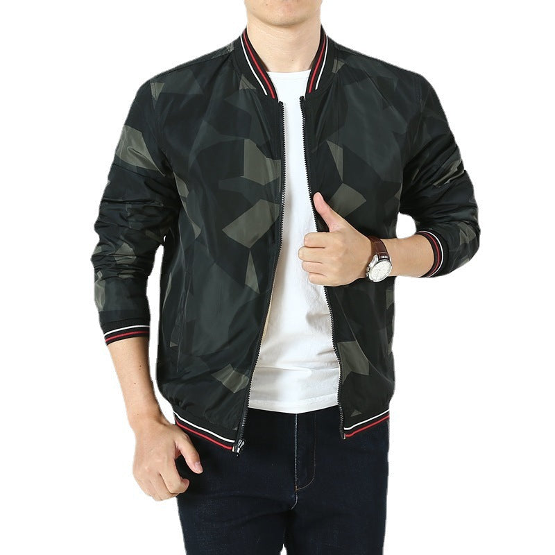 Men's Lightweight Bomber Jacket in Retro Sports Style with Ribbed Collar and Zipper Pocket Detail Chichicherry
