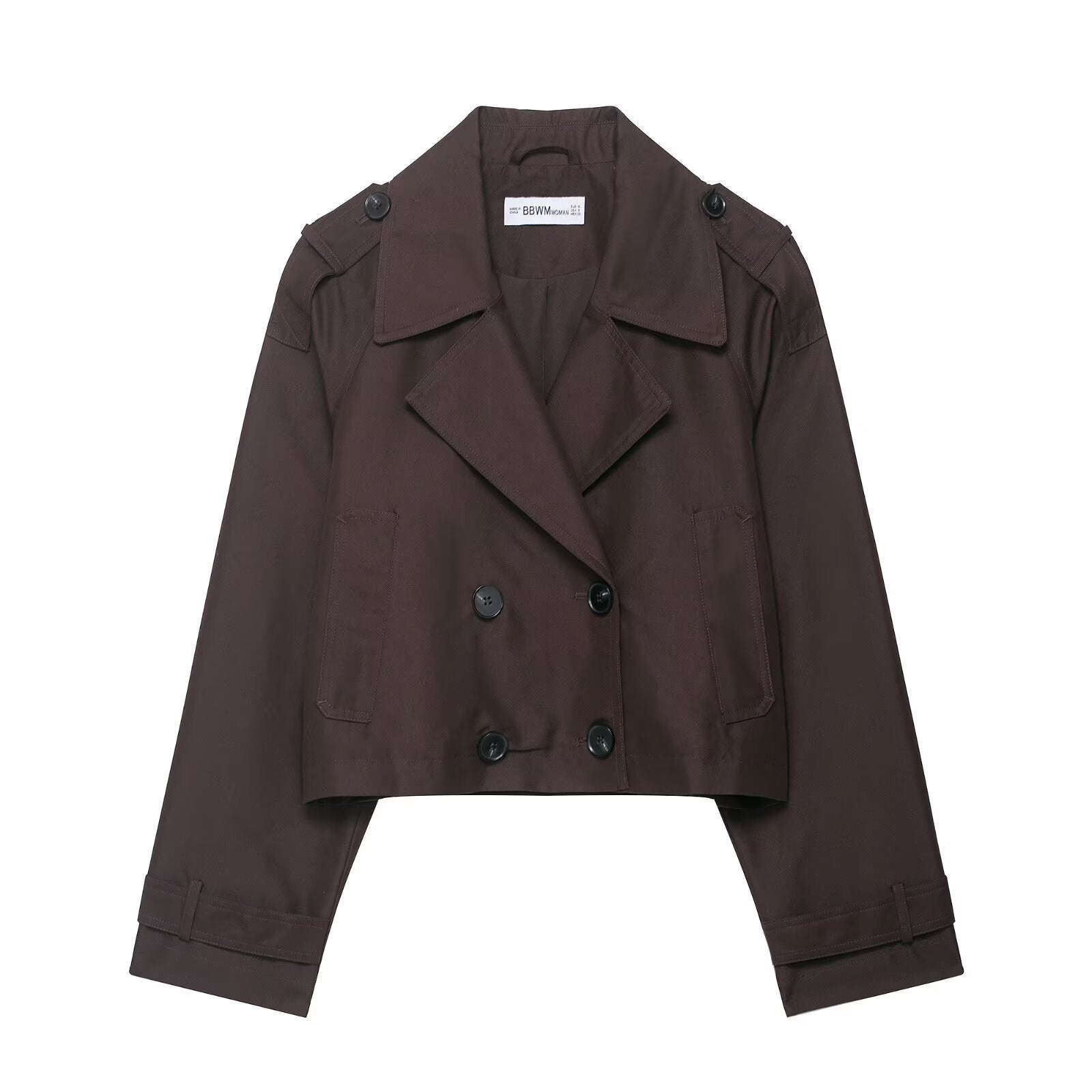 Women's Cropped Double-Breasted Trench Coat with Epaulettes, Wide Lapels and Adjustable Sleeve Straps Chichicherry