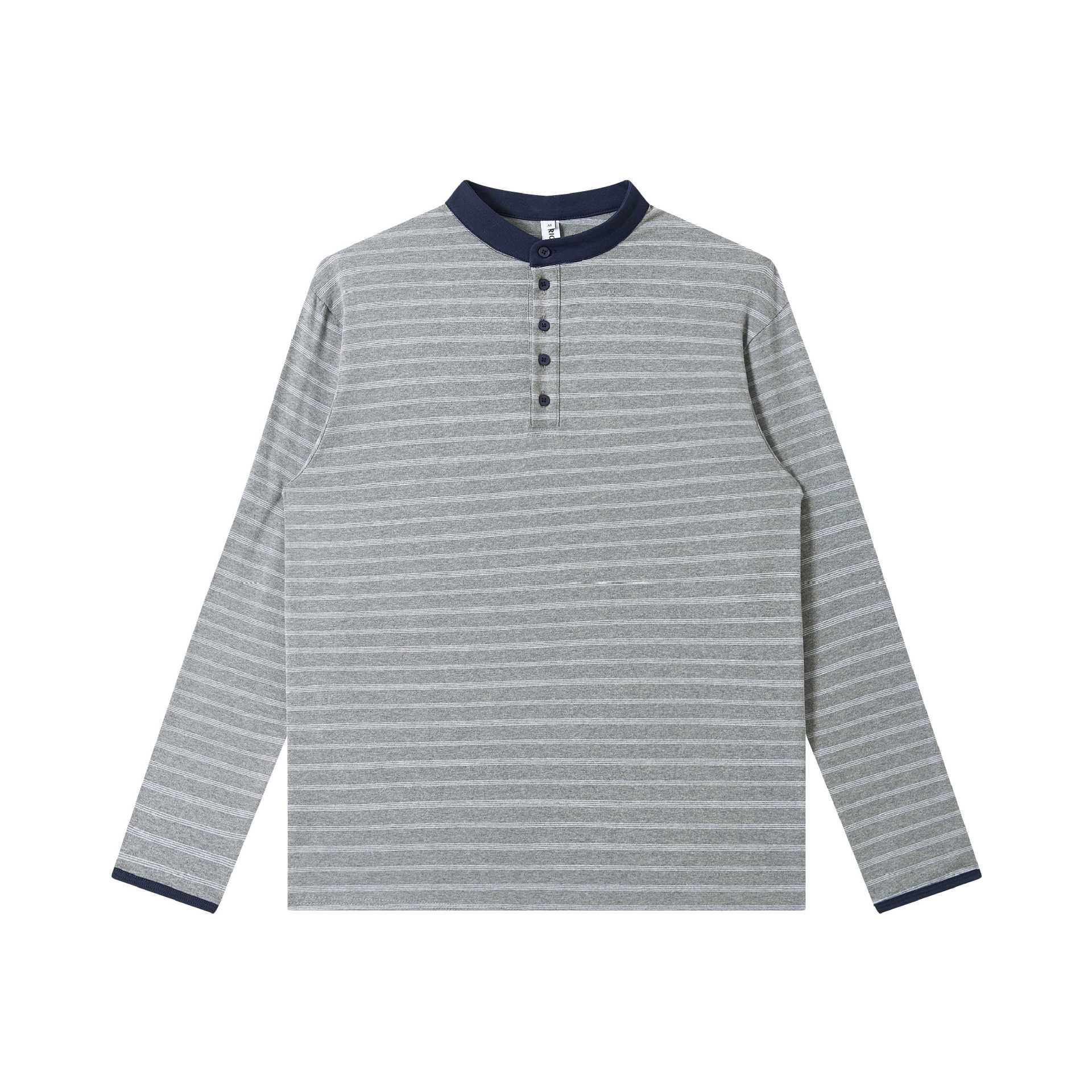 Men Striped Long Sleeve Henley Shirt with Stand Collar and Fine Striped Texture Chichicherry