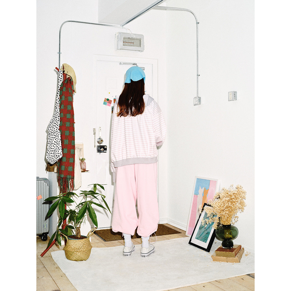 Women's Striped Hooded Zip Jacket in Boxy Cut with Ribbed Cuffs and Concealed Seam Pockets Chichicherry