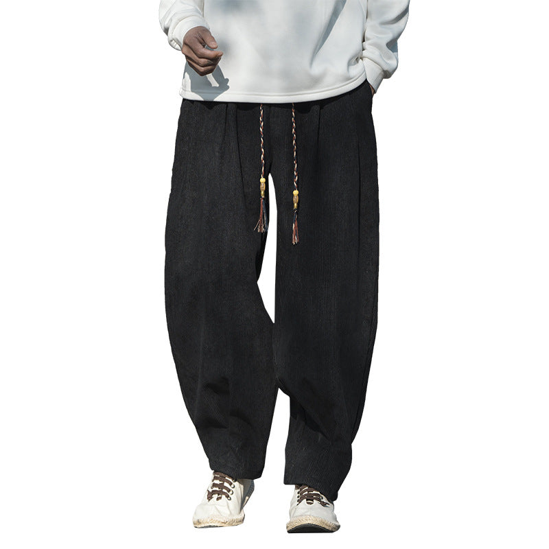 Men's Wide Cut Corduroy Trousers with Drawstring, Pleats and Relaxed Fit Chichicherry