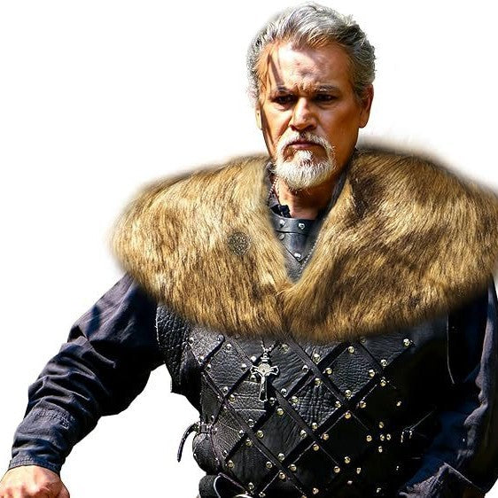 Men's Viking-inspired shoulder cape made of dense faux fur with leather trim and decorative brooch Chichicherry