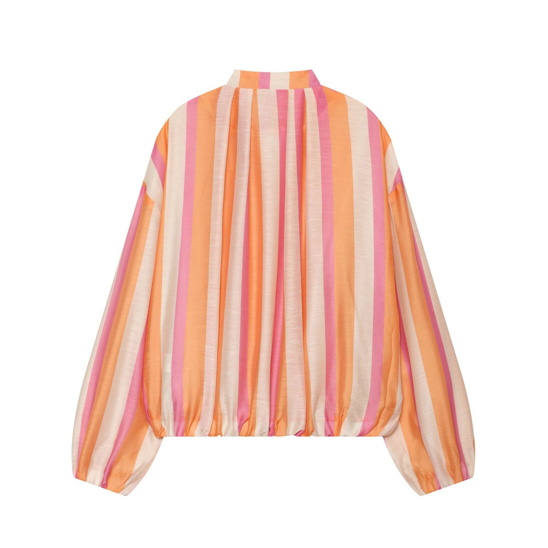 Women's Striped Cropped Bomber Jacket with High Stand Collar, Balloon Sleeves and Zipper Chichicherry