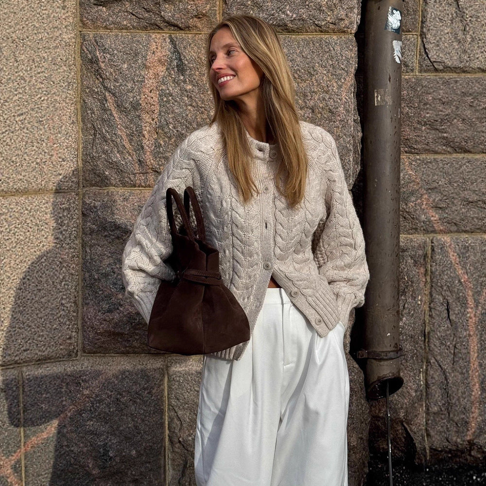 Women Chunky Knit Cable Pattern Cardigan with Balloon Sleeves Chichicherry