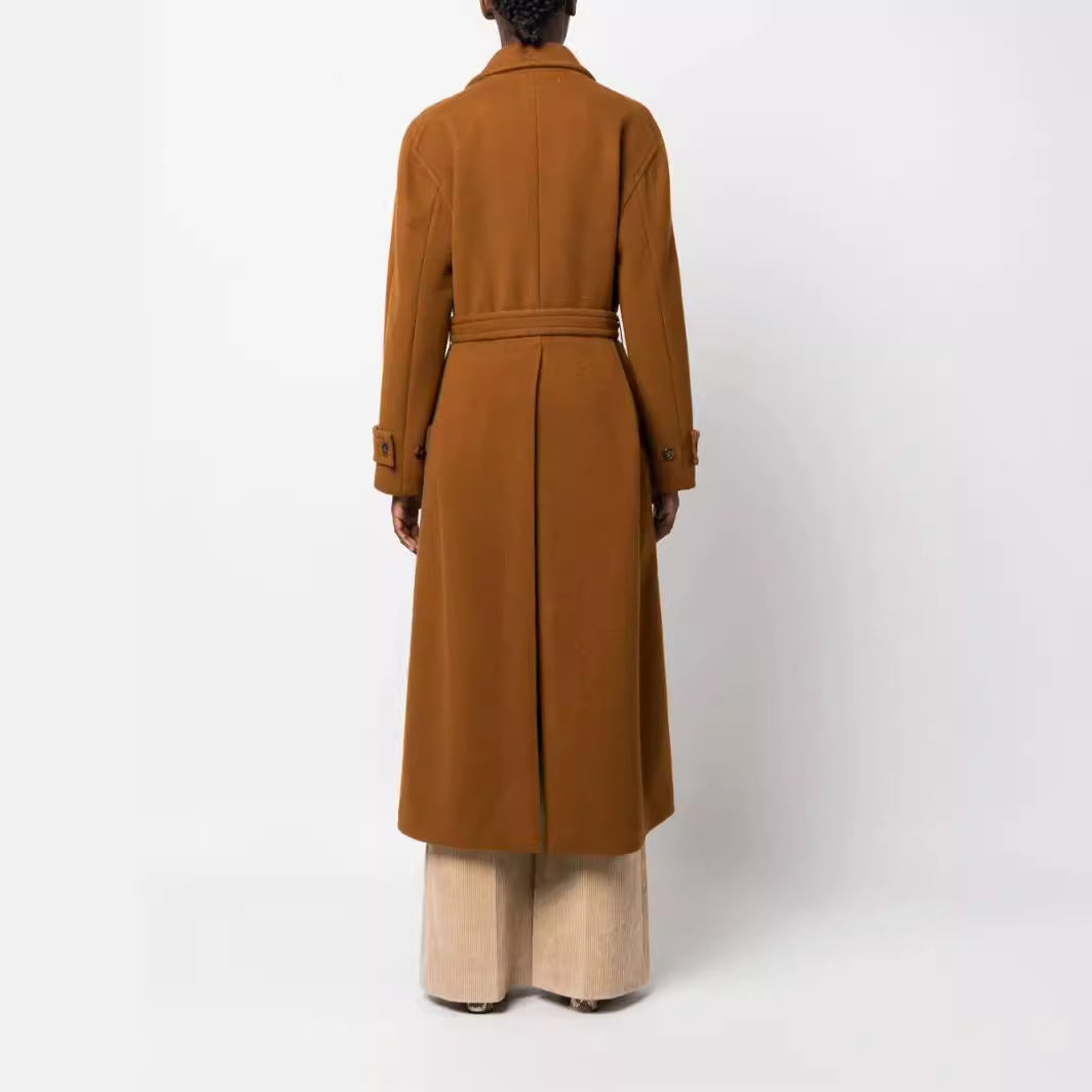 Women Maxilength Double-breasted Wool Blend Coat with Satin Ribbon Waist Belt and Rolled-up Sleeves Chichicherry