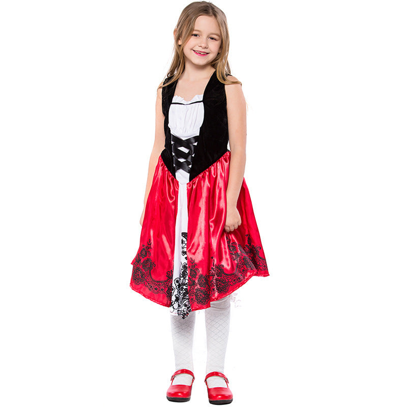 Girl Fairy Tale Little Red Riding Hood Costume with Cape and Ruffles Chichicherry