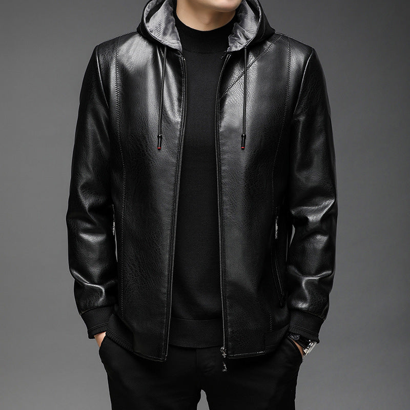 Men's faux leather hooded jacket with fine texture, zipper, and ribbed cuffs Chichicherry