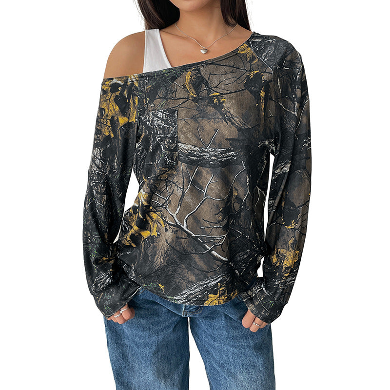 Women's Cropped Long Sleeve Off Shoulder Style with Allover Forest Print Chichicherry