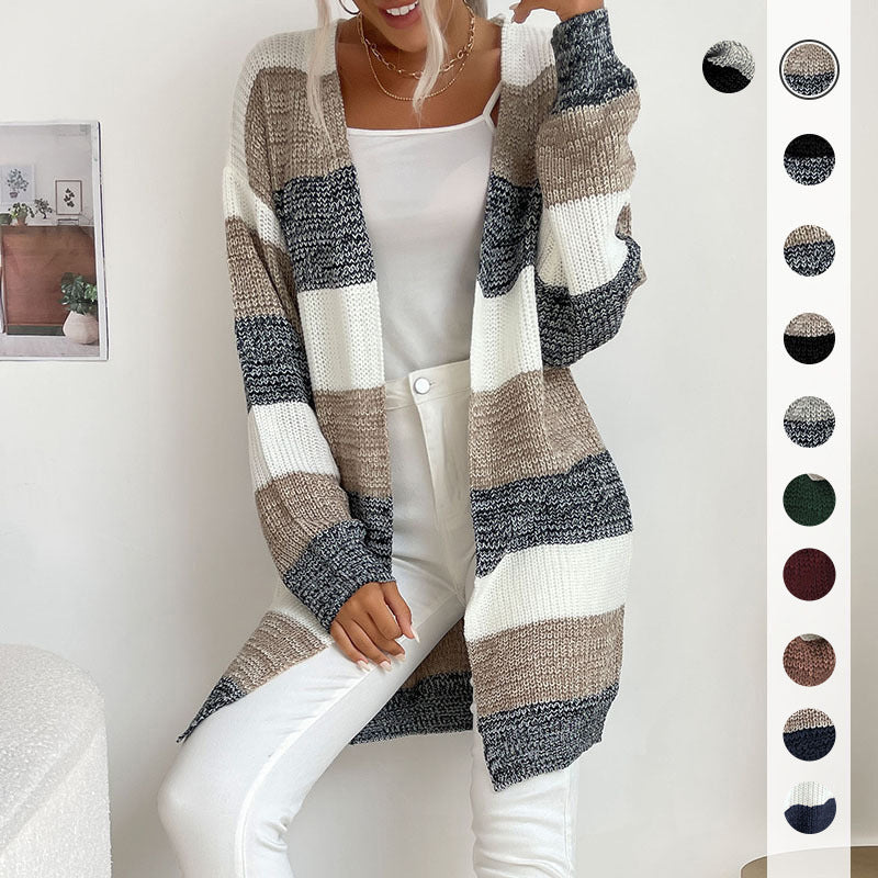 Women's Longline Knit Cardigan with Wide Block Stripes, Open Front and Dropped Shoulders Chichicherry