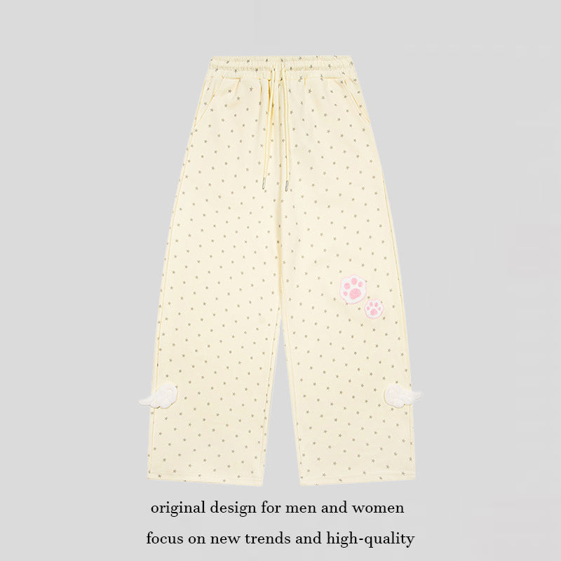 Women’s Relaxed Lounge Pants with Elastic Waistband, Allover Star Print and Paw Print Application Chichicherry