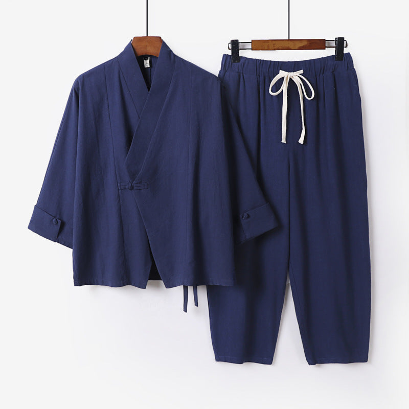 Men's Breathable Linen-Cotton Lounge Set with Asymmetrical V-Neck and Elastic Cord Pants Chichicherry