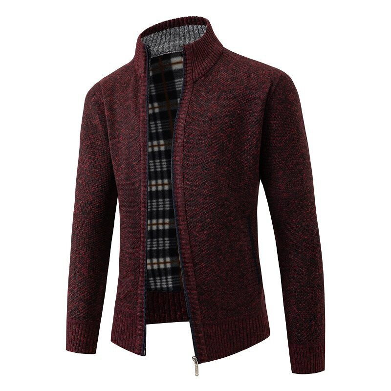 Men's Structured Zip Cardigan with Check Fleece Lining and Stand-Up Collar Chichicherry