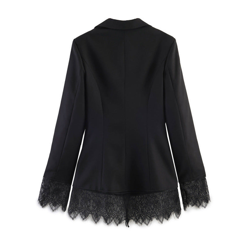 Women tailored blazer with lace trim and flared hem Chichicherry