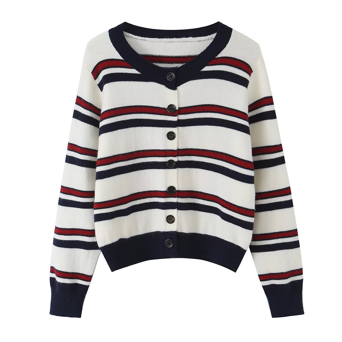 Women Striped Short Cardigan with Round Neck, Button Placket and Ribbed Cuffs Chichicherry