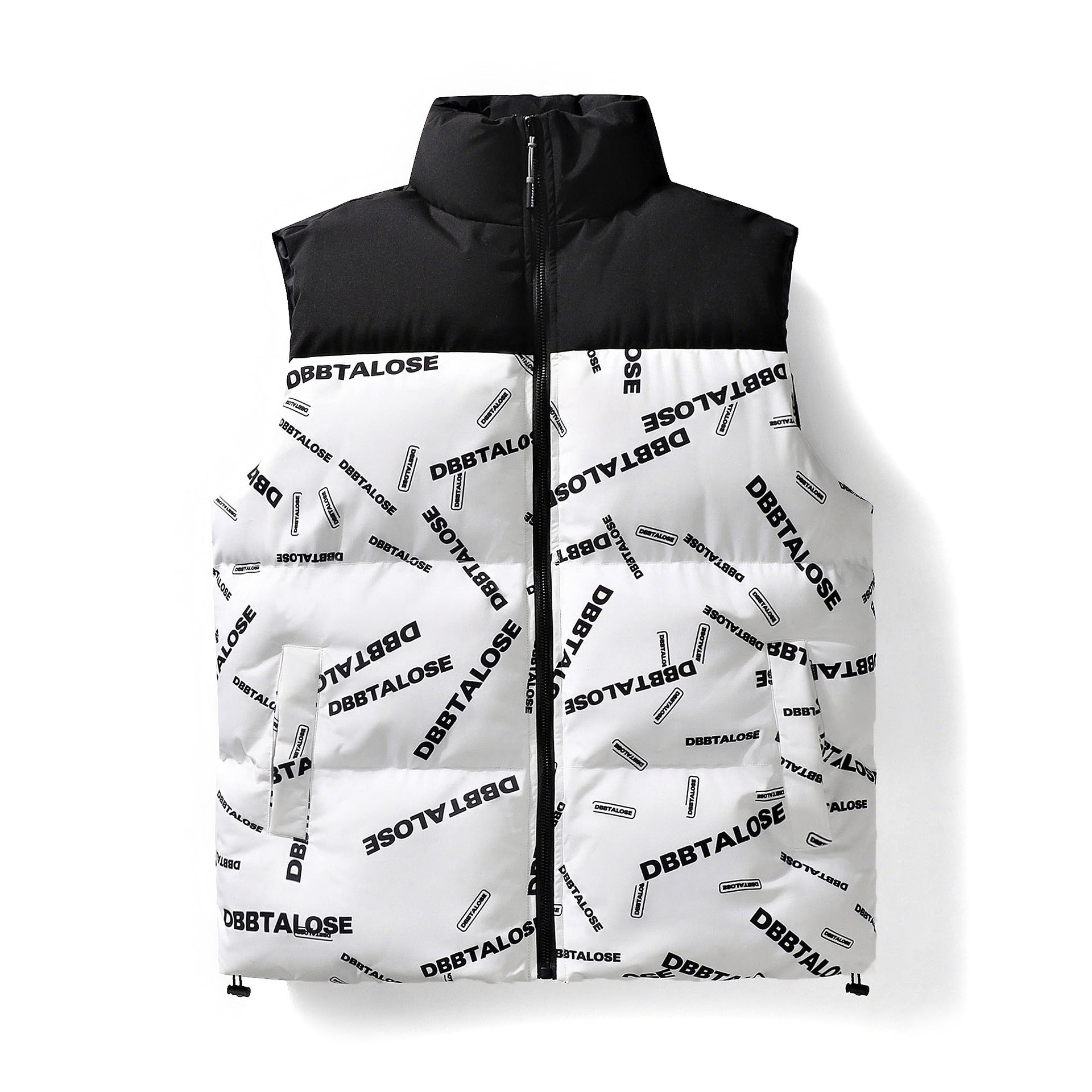 Men's Quilted Vest with High Stand-up Collar, All-over Logo Print & Drawstring Chichicherry