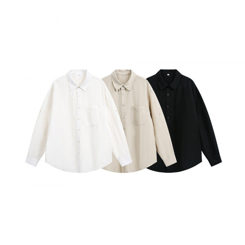 Unisex Oversize Light Linen Blend Shirt with Chest Pocket, Notched Collar and Sleeve Cuff Chichicherry