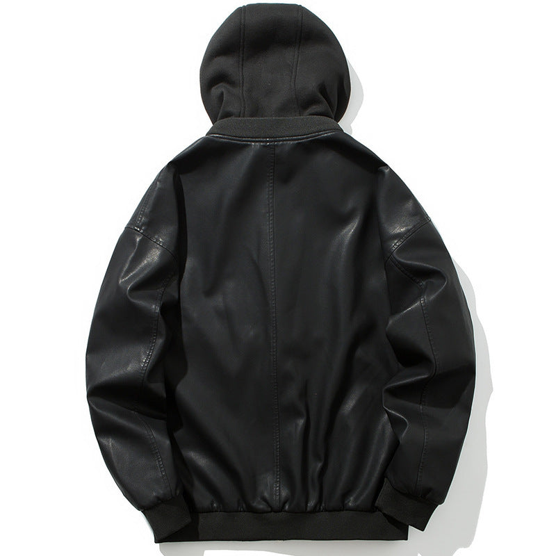 Men's Faux Leather Bomber Jacket with Hood, Zipper, and Ribbed Cuffs Chichicherry