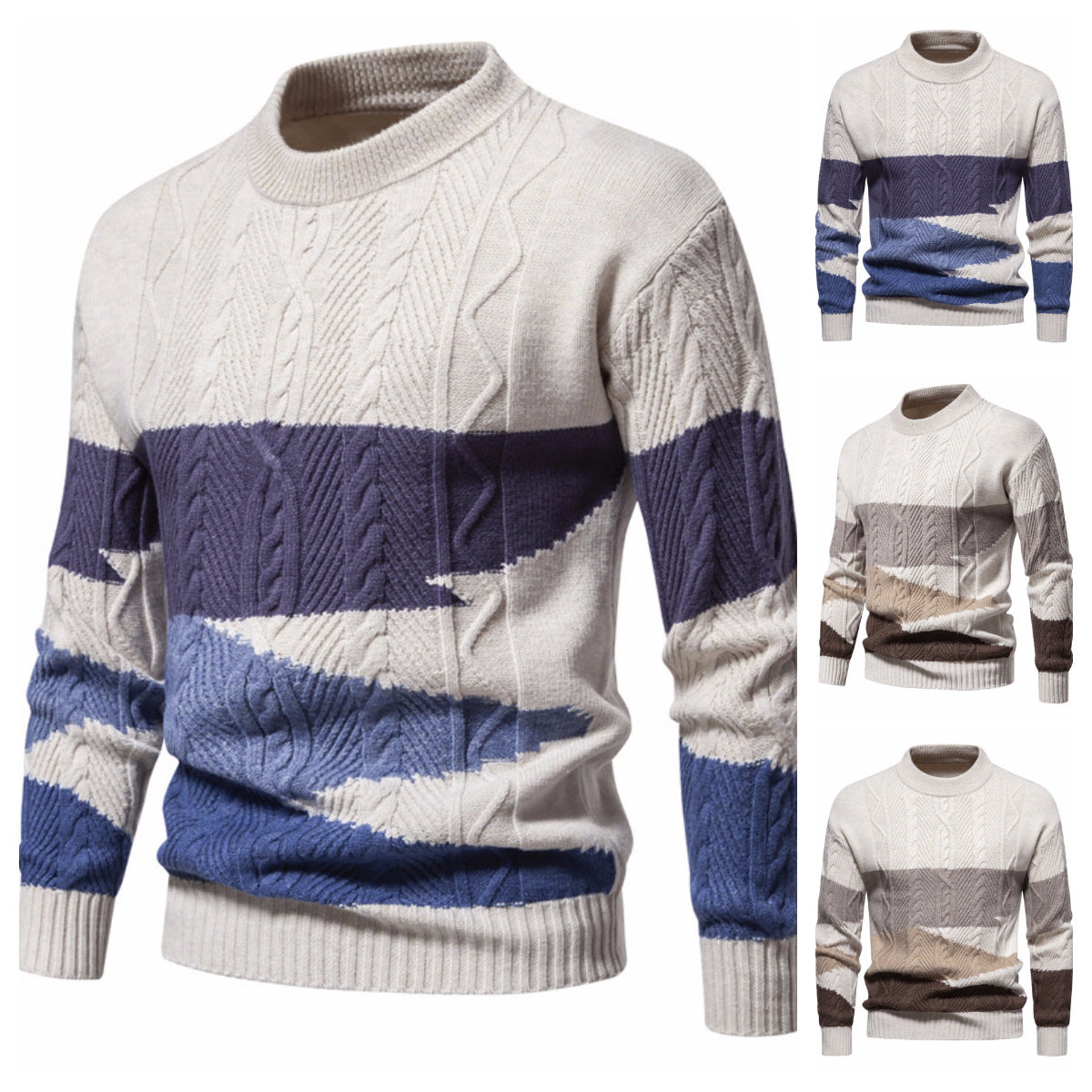 Men's Structured Colorblock Cable Knit Turtleneck Sweater in Cotton Blend Chichicherry